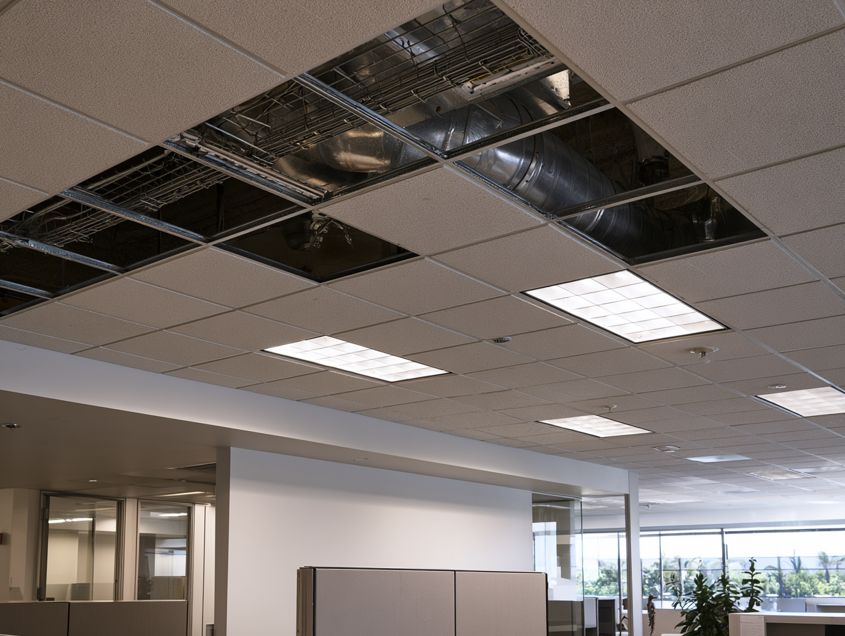 A commercial suspended ceiling with two tiles removed